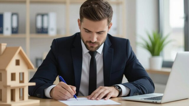 A focused man in a suit signs paperwork at a desk with a laptop and house model, bathed in soft, warm light, creating a professional ambiance.