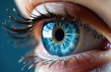 Close-up of a human eye with vibrant blue iris and detailed eyelashes