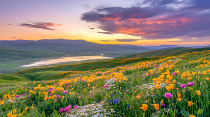 Sunset over a beautiful summer meadow of red poppies and diverse flowers under a vast blue sky