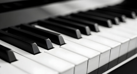 Close up view of piano keys in black and white showing musical instrument details clearly