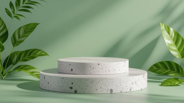 Two-tiered speckled white podium, surrounded by green leaves, soft shadows, light green background, product display, serene ambiance, minimalist aesthetic, eye-level perspective.