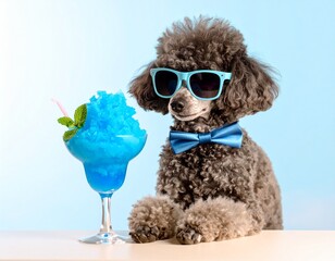 夏に涼しいブルーハワイのかき氷とサングラスをかけたトイプードル