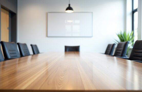 Empty modern conference room with a long wooden table and black chairs
