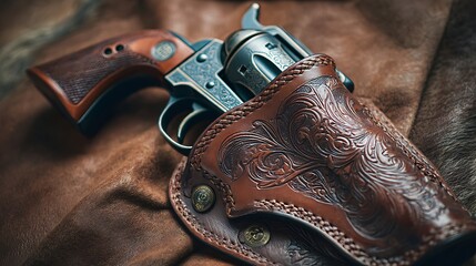 Revolver with Ornate Leather Holster on Brown Fabric Background