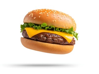 Juicy cheeseburger with melted cheddar, crispy lettuce, and sesame seed bun isolated on white background. Perfect for fast food ads, menus, or packaging design.