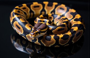 Fototapeta premium Close-up of a ball python snake coiled on a reflective black surface