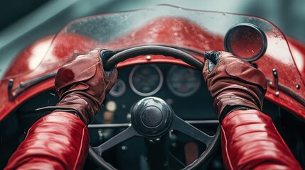 Close-up of hands in leather gloves gripping vintage race car steering wheel.