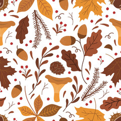 Fall Seamless Pattern. Autumn Background. Autumn Leaves, Chanterelle Mushrooms, Berries, Acorns, Chestnut. Maple, Oak, Chestnut Leaves. Vector Illustration in Yellow, Brown, Orange on White