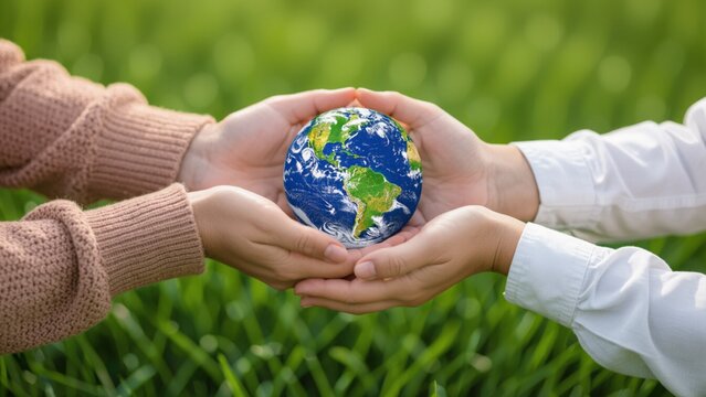 Two pairs of hands gently cradle a small Earth globe against a blurred green grassy background, bathed in soft, natural light, evoking care and hope.