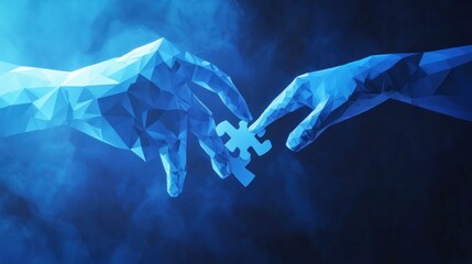 Two low-poly hands connecting a puzzle piece, symbolizing collaboration and problem-solving.