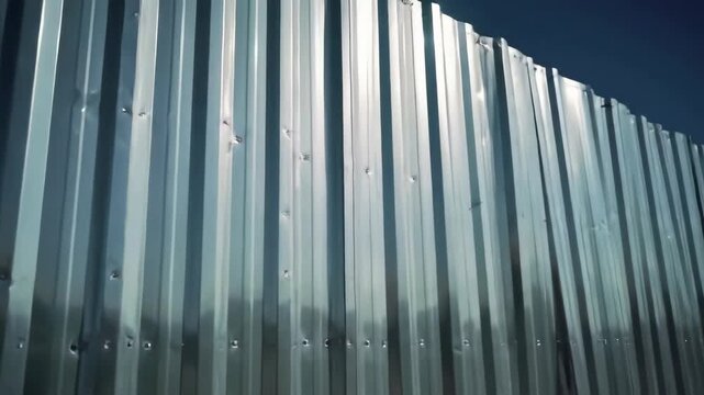 Corrugated metal wall with rivets reflects sunlight at an angle.