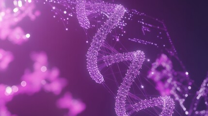 Abstract 3D rendering of DNA double helix in vibrant purple, glowing particles and lines.