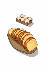 Homemade sliced white bread on a wooden board chicken eggs in wooden storage