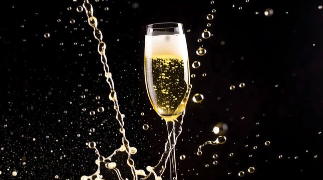 A dynamic explosion of champagne bubbles and splashes captured in a glass, symbolizing celebration and joy against a dark background.