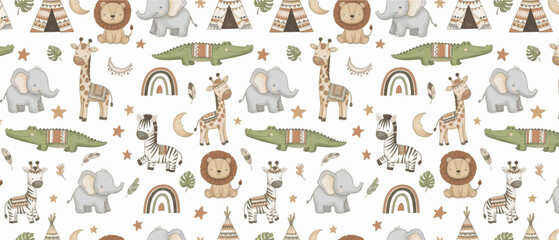 Adorable Baby Safari Animal Seamless Pattern - Elephant, Lion, Giraffe, Zebra, Crocodile. 