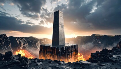 Alien Monolith Rising From a Crater Under a Dramatic Sky at Dusk