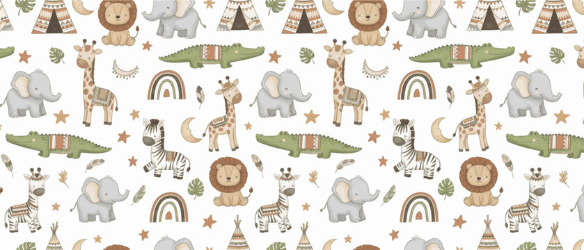 Adorable Baby Safari Animal Seamless Pattern - Elephant, Lion, Giraffe, Zebra, Crocodile. 