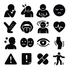 Medication icon collection: symptoms, pain, alert, health, heartbeat simple silhouette