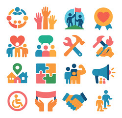 Empowerment icon collection. simple empowerment and community symbols. heart, hands, people, tools, collaboration, accessibility