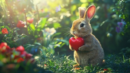 Adorable bunny rabbit holding a red heart in a vibrant garden.
