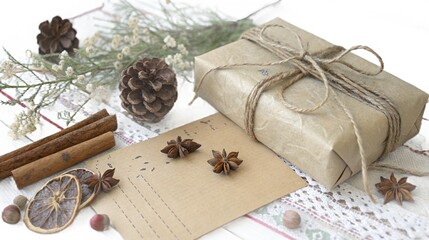 Rustic holiday gift arrangement with natural elements and spices