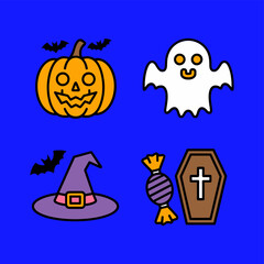 Obraz premium Vector art of a collection of halloween icons featuring a pumpkin, ghost, witch hat, coffin, candy, and bats