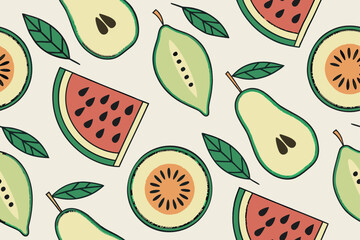 Fruit slices and leaves pattern watermelon pear