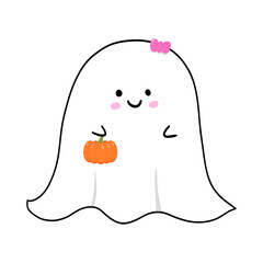 Halloween spooky ghost clipart.Hand drawn little cute monster holding orange pumpkin.Adorable halloween icon.