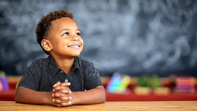Young boy smiles confidently at classroom desk, ready for learning and new experiences while colorful objects adorn the background in lively educational environment