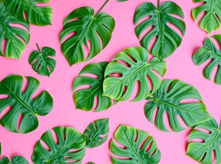 Naklejka premium Monstera Leaf Pattern on a Pink Canvas: An overhead composition of Monstera leaves, a tropical flora arranged on a vibrant pink, creating a playful, eye-catching, and organic pattern.