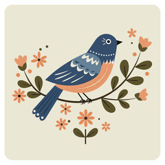 Colorful bird perched on branch with flowers in decorative style  