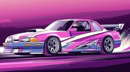 Pink custom sports coupe drifting on purple background.