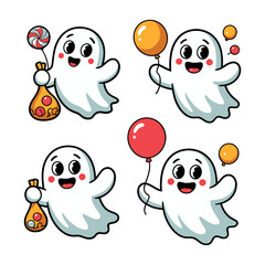 Obraz premium Vector art of a collection of charming cartoon ghosts isolated on white background with candy and balloons, ready for halloween