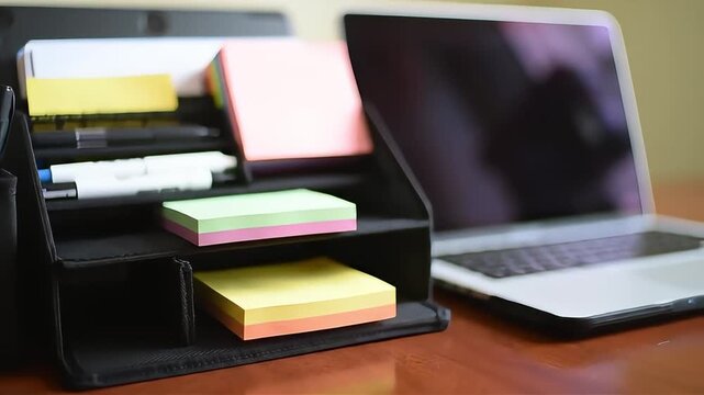Desk organizer with pens and sticky notes near a laptop computer