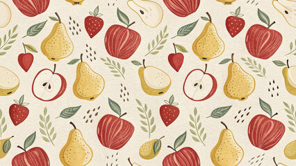 Seamless pattern with apples pears and strawberries fruit background kitchen design wallpaper fabric 100