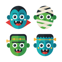Vector art of a collection of cartoon halloween monster faces isolated on white background for a spooky theme