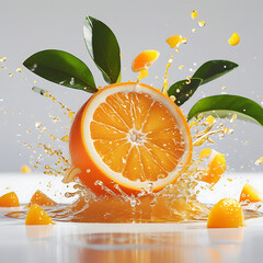 Fresh Orange Splash with Juicy Citrus Slices and Leaves in Motion