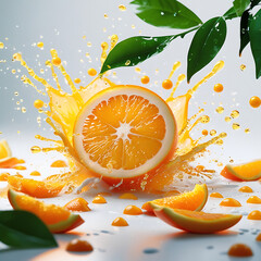 Fresh Orange Splash with Juicy Citrus Slices and Leaves in Motion