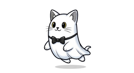 Adorable cartoon ghost cat with a bow tie floats in the dark, a charming Halloween clip art illustration.