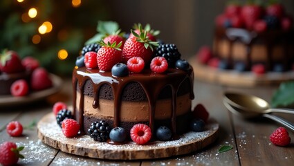 Decadent Chocolate Drip Cake with Fresh Berries – Gourmet Dessert on Rustic Wooden Table
