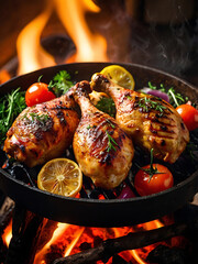 Smoky Fire-Grilled Chicken Drumsticks with Cherry Tomatoes and Fresh Herbs