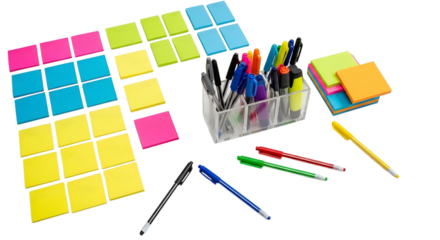 Colorful sticky notes and pens creating brainstorming workspace on transparent background