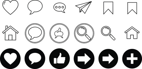 Collection of modern social media line icons on a transparent background featuring heart, comment, home, search, plus and arrow.