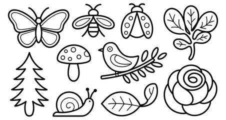 Nature-themed line art icons including butterfly, bee, ladybug, mushroom, tree, leaf, bird, snail and rose, ideal for minimal design use