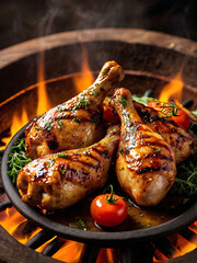 Smoky Fire-Grilled Chicken Drumsticks with Cherry Tomatoes and Fresh Herbs