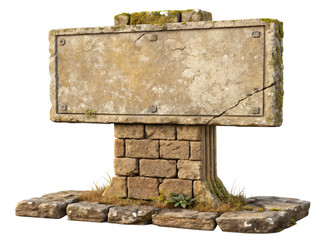 Ancient Stone Signpost: Blank Rectangular Plaque for Text or Design Isolated On Transparent Background