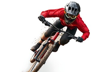 Man mountain biking on dirt track wearing helmet and goggles for extreme sport activity