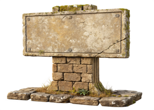 Ancient Stone Signpost: Blank Rectangular Plaque for Text or Design Isolated On Transparent Background