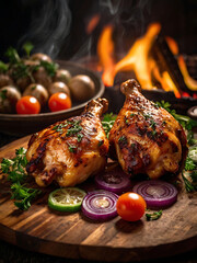 Smoky Fire-Grilled Chicken Drumsticks with Cherry Tomatoes and Fresh Herbs