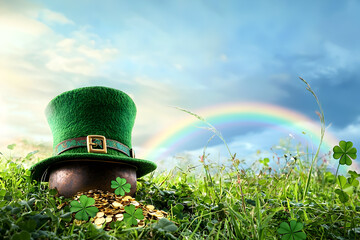 St. Patrick's Day: Leprechaun's Hat, Pot of Gold, Shamrocks and Rainbow in a Lush Meadow